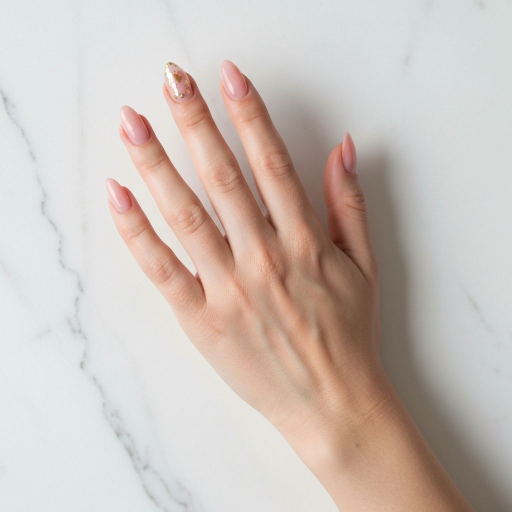 Almond gel extensions with gold foil accents