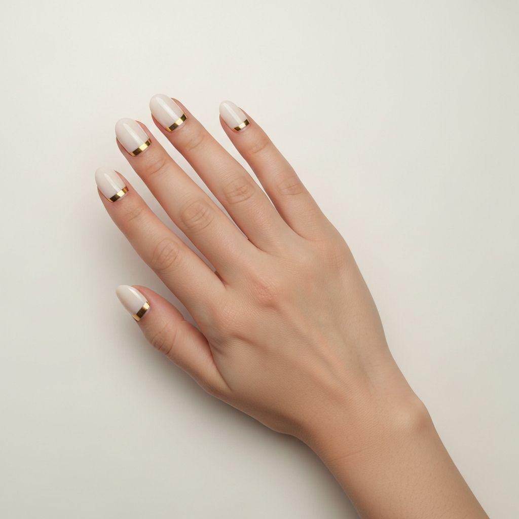 Minimalist gold line nail art on ivory